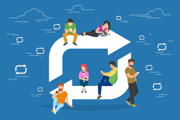 Repost symbol concept illustration of young people using devices laptop and smartphone. Flat people addicted to posting images and news sitting near repost symbol. Social media banner for networks