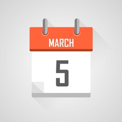 March 5, calendar icon with flat design on grey background.