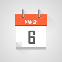 March 6, calendar icon with flat design on grey background.