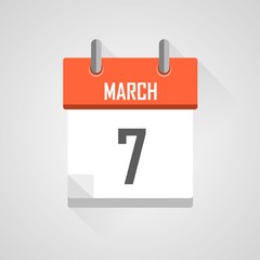 March 7, calendar icon with flat design on grey background.