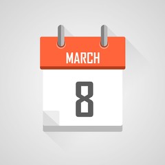 March 8, calendar icon with flat design on grey background.