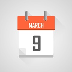 March 9, calendar icon with flat design on grey background.