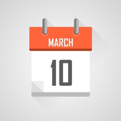 March 10, calendar icon with flat design on grey background.