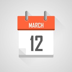 March 12, calendar icon with flat design on grey background.