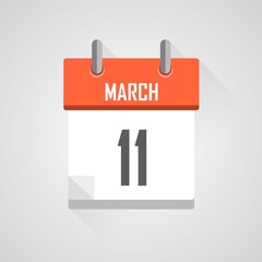 March 11, calendar icon with flat design on grey background.