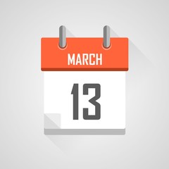 March 13, calendar icon with flat design on grey background.