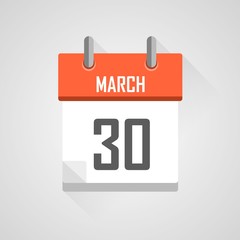 March 30, calendar icon with flat design on grey background.