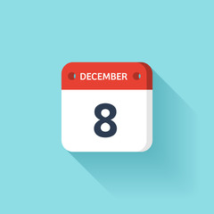 December 8. Isometric Calendar Icon With Shadow.Vector Illustration,Flat Style.Month and Date.Sunday,Monday,Tuesday,Wednesday,Thursday,Friday,Saturday.Week,Weekend,Red Letter Day. Holidays 2017.