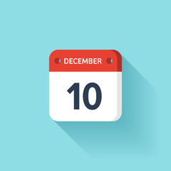 December 10. Isometric Calendar Icon With Shadow.Vector Illustration,Flat Style.Month and Date.Sunday,Monday,Tuesday,Wednesday,Thursday,Friday,Saturday.Week,Weekend,Red Letter Day. Holidays 2017.