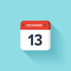 December 13. Isometric Calendar Icon With Shadow.Vector Illustration,Flat Style.Month and Date.Sunday,Monday,Tuesday,Wednesday,Thursday,Friday,Saturday.Week,Weekend,Red Letter Day. Holidays 2017.