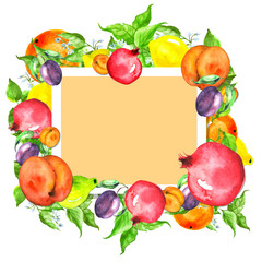 Watercolor, vintage postcard, frame, label, pattern, with an illustration of fruits -  lemon, citrus, pear on the branch, peach, apricot, plum. For the design of cards, invitations, logos