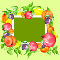Watercolor, vintage postcard, frame, label, pattern, with an illustration of fruits -  lemon, citrus, pear on the branch, peach, apricot, plum. For the design of cards, invitations, logos