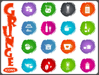 Food and kitchen icons set in grunge style