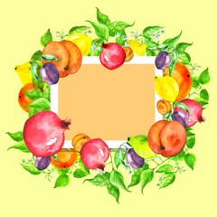Watercolor, vintage postcard, frame, label, pattern, with an illustration of fruits -  lemon, citrus, pear on the branch, peach, apricot, plum. For the design of cards, invitations, logos