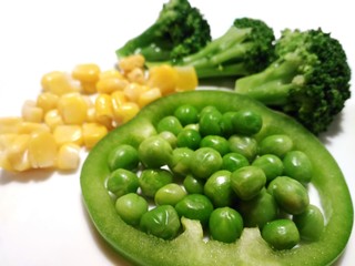 Healthy eating food isolated, Broccoli Garden Pea Pisum sativum Bell pepper paprika corn