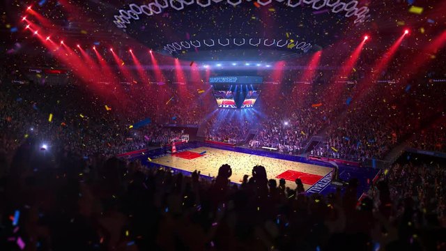   Basketball court with people fan. Sport arena. Ready to start championship. 3d render. Confetti and tinsel