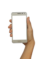 Hand holding mobile smart phone with white screen, isolated whit