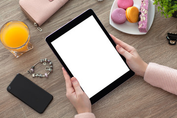 woman hands holding tablet computer PC isolated screen and phone