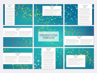 Set of modern business presentation templates in A4 size. Abstract background with molecule structure DNA and neurons. Medicine, science, technology concept. Scalable vector graphics.