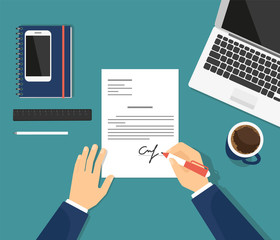 Sign the contract in the office. Flat illustration of business man signing document and putting his signature on the paper. Professional manager sitting at work desk with laptop and drinking coffee