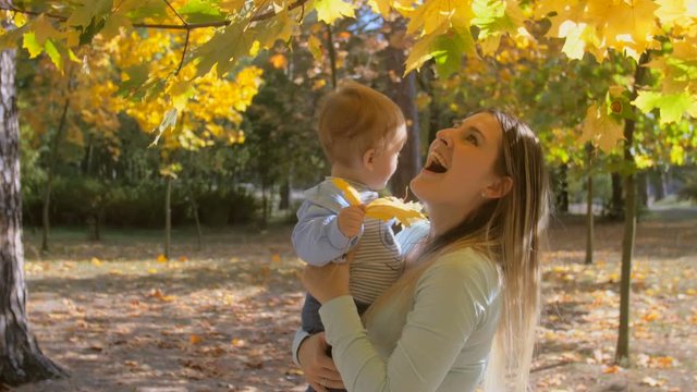 4K closeup footage of beautiful smiling mother showing her baby son yellow leaves on tree at autumn park