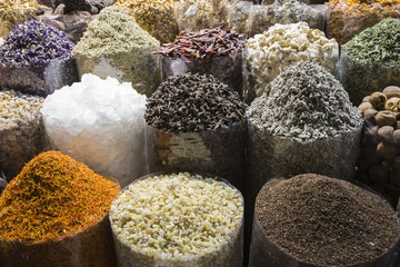 Dried herbs, flowers and arabic spices in the souk at Deira in D