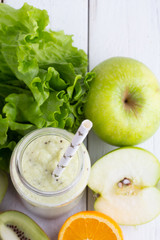 smoothies, salad leaves, fruits and vegetables - top view