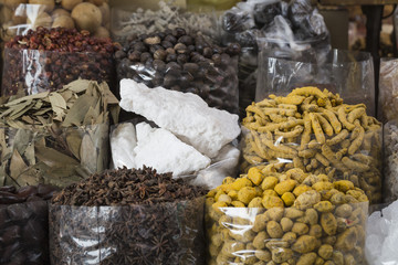 Dried herbs, flowers and arabic spices in the souk at Deira in D