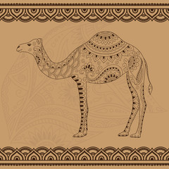 Doodle stylized camel and seamless borders for design and application of henna. Sketch for poster, print, or tattoo. Hand Drawn vector illustration doodle animal.