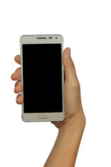 Hand holding mobile smart phone isolated white background