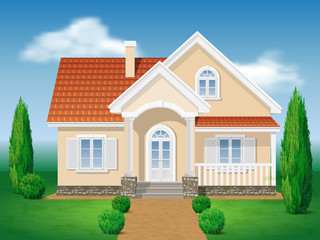 Country cottage. Front of the house and garden. Grassy lawn and of thuja. Vector detailed illustration.
