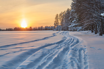Fototapeta na wymiar Winter landscape with a dirt road near the coniferous forest at sunset