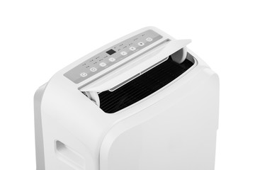 Studio closeup product shot of a portable air conditioner or mobile dehumidifier isolated on white background with copy space. Climate control equipment
