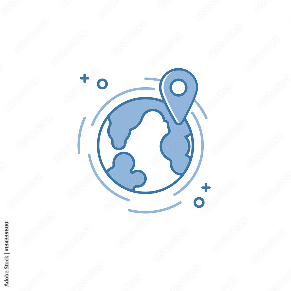 Poster vector illustration of flat line earth with map pin icon. graphic design concept of navigation. use 