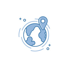 Vector illustration of flat line earth with map pin icon. Graphic design concept of navigation. Use in Web Project and Applications. Blue outline isolated object.