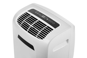 Studio closeup product shot of a portable air conditioner or mobile dehumidifier isolated on white background with copy space. Climate control equipment