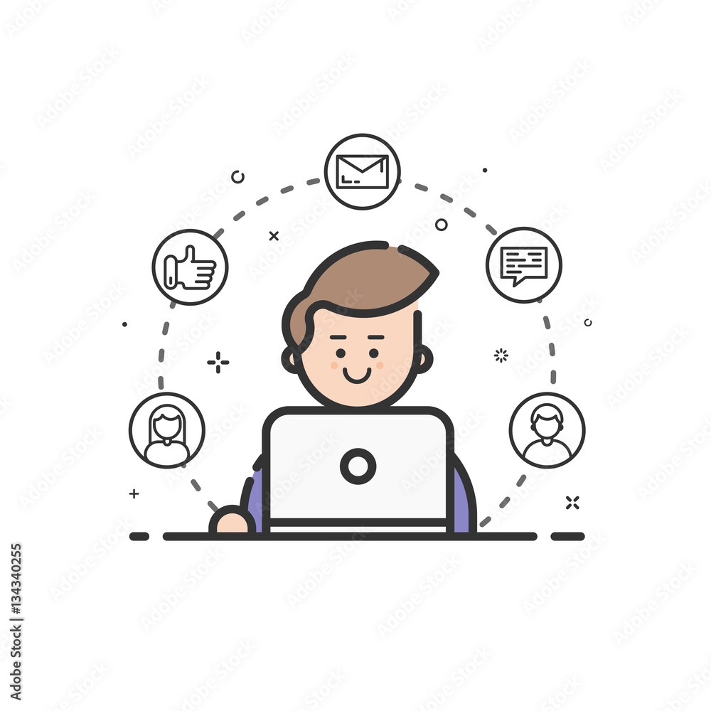 Poster vector illustration of colored icon in flat line style. linear cute and happy man with laptop. graph