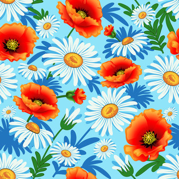 Illustration seamless bright with poppies and daisies for fabric