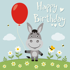 Obraz na płótnie Canvas Happy birthday! Funny donkey with red balloon on flower meadow. Birthday card with donkey in cartoon style.