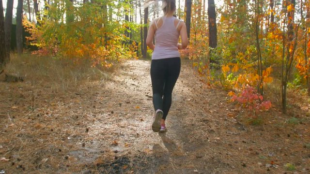 Rear view of sexy young woman jogging in forest at sunny morning