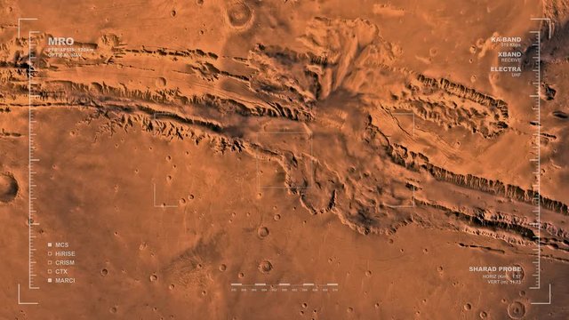 MRO mapping flyover of western section of Coprates Region, Mars. Clips loops and is reversible. Scientifically accurate HUD. Data: NASA/JPL/USGS