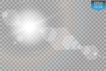 Vector transparent sunlight special lens flare light effect. Sun flash with rays and spotlight
