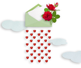 Red roses in envelope and paper sheet for text. Red rose bouquet. Love concept