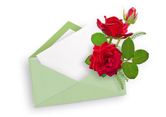 Red roses in envelope and paper sheet for text. Red rose bouquet