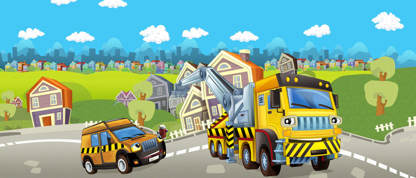 Cartoon tow truck and pilot car - illustration for children