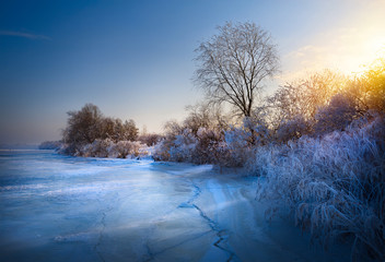 beautiful winter background; winter landscape On A Hoar Frost