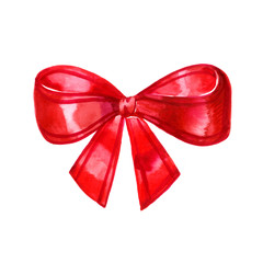 Watercolor red satin bow. Hand painted illustration.