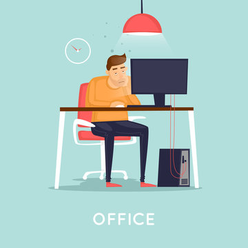 Tired employee sitting at a desk in the office. Flat vector illustration in cartoon style.