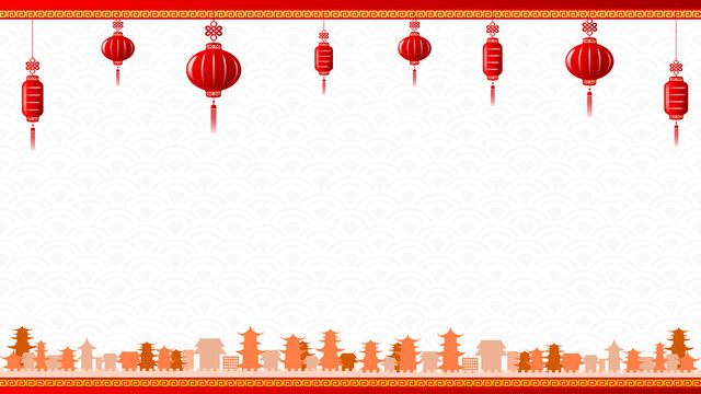 Chinese Art Style With Red Lantern And Yellow Border Abstract Ba