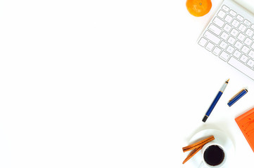 Minimal elegant desk with tangerines and coffee